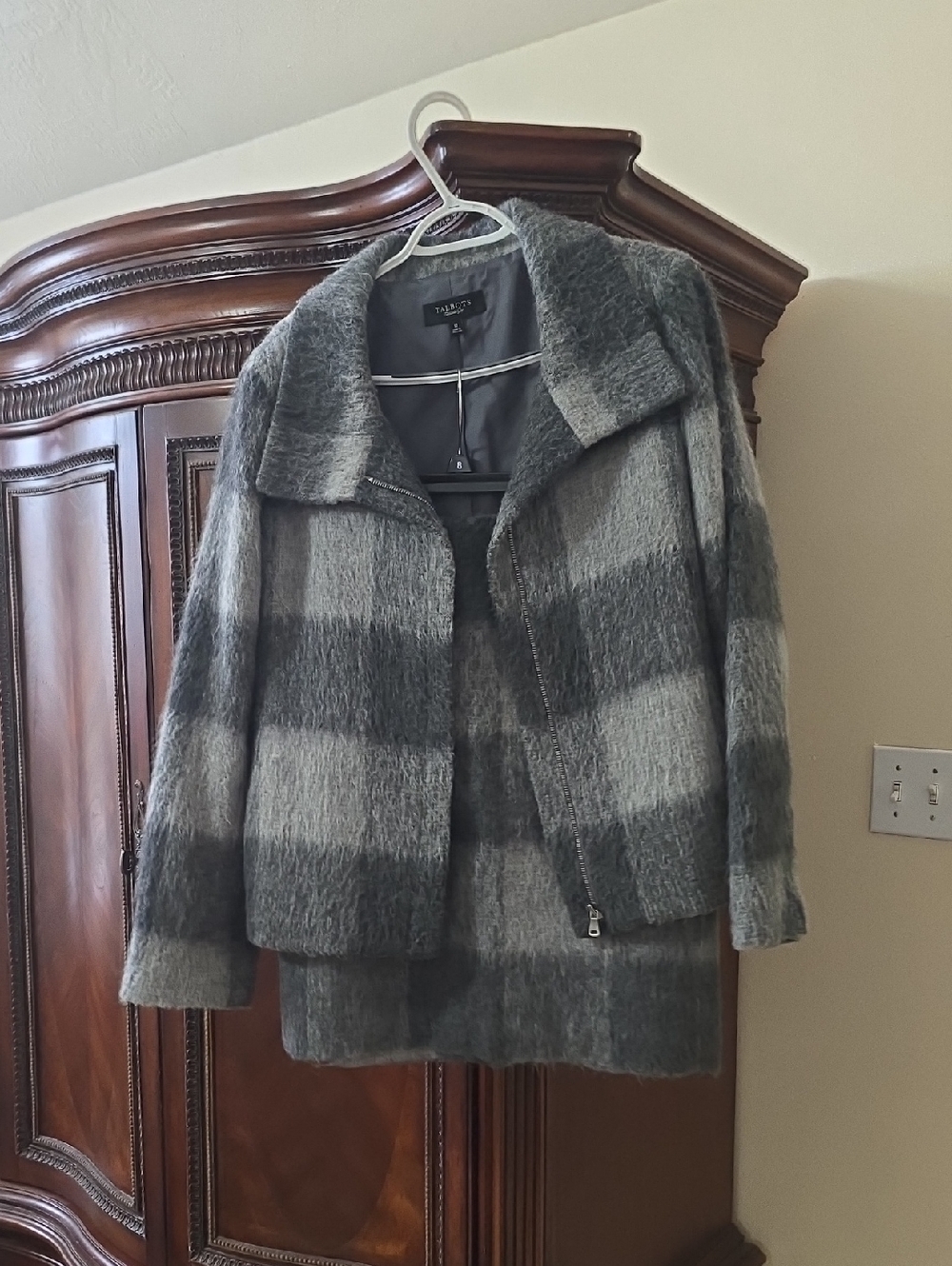 Talbots Gray Plaid Teddy Jacket in Two-Tone Gray